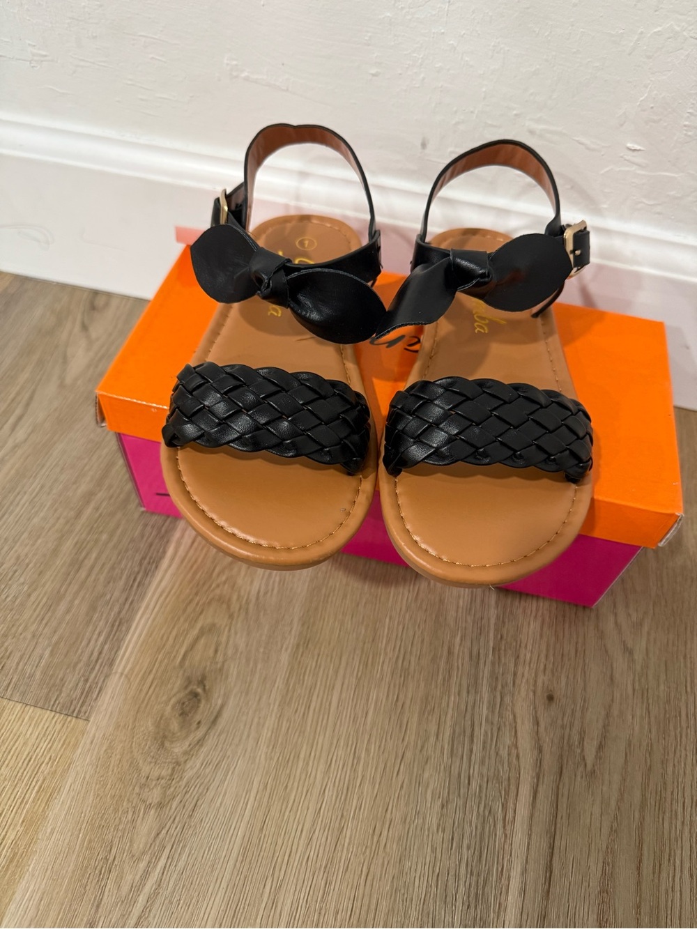 Girls Black Braided Front Sandals with Bow Ankle Strap